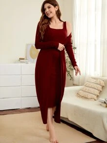 SHEIN LUNE unicolor con parte delantera abierta Abrigo & Vestido ajustado - Burdeos - Ver 3