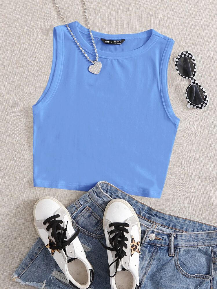 SHEIN EZwear Solid Crop Tank Top - Blue - View 1