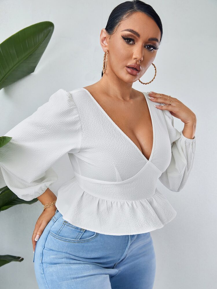 Deep V Neck Cut Out Tie Backless Split Ruffle Hem Blouse