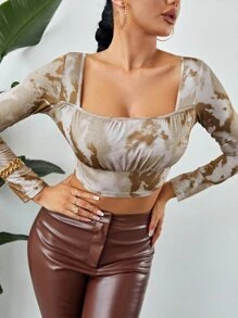 SHEIN BAE Tie Dye Ruched Asymmetrical Hem Tee - Multicolor - View 1