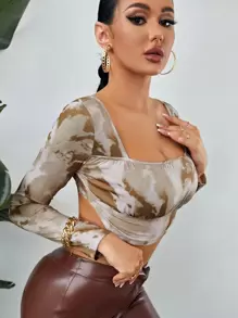 SHEIN BAE Tie Dye Ruched Asymmetrical Hem Tee - Multicolor - View 5