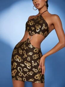 SHEIN Gold Snake Print Tie Backless Cut Out Ring Linked Dress - Multicolor - View 1
