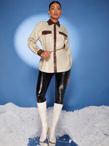 SHEIN Unity 拼接面翻蓋細節PU皮革帶鏈子外套 - 米色 - 查看 3