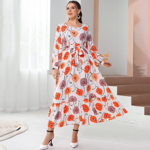

Plus Floral Print Ruffle Hem Belted Dress, Multicolor