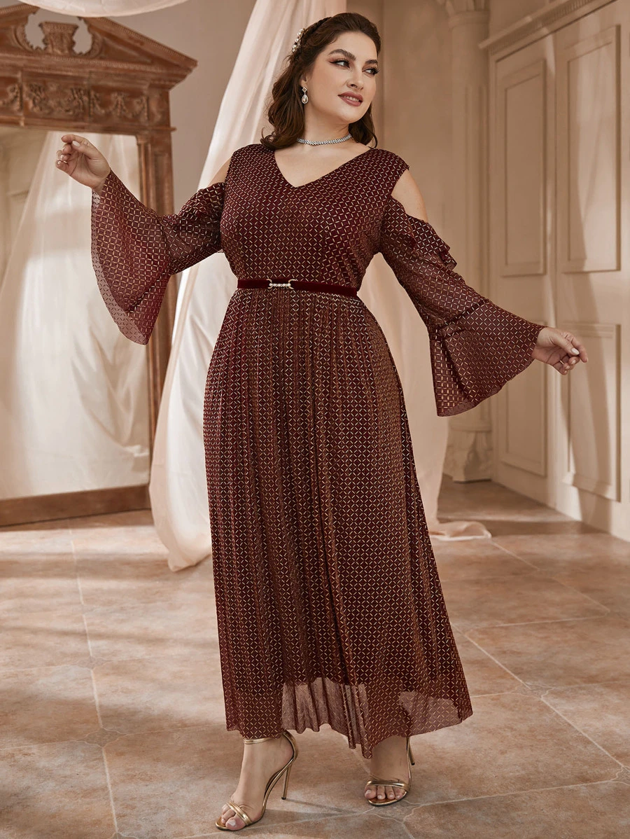 大碼挖肩荷葉袖荷葉邊腰帶幾何網紗洋裝 - 鏽棕色 - 查看 1