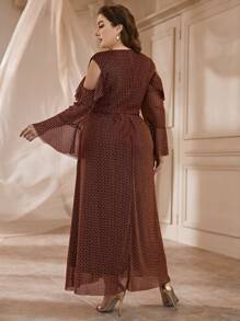 大碼挖肩荷葉袖荷葉邊腰帶幾何網紗洋裝 - 鏽棕色 - 查看 2