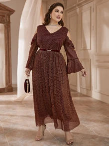 大碼挖肩荷葉袖荷葉邊腰帶幾何網紗洋裝 - 鏽棕色 - 查看 3