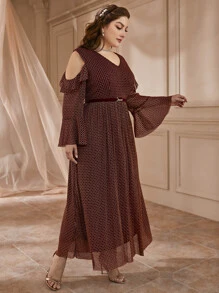 大碼挖肩荷葉袖荷葉邊腰帶幾何網紗洋裝 - 鏽棕色 - 查看 4