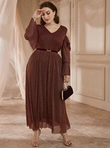 大碼挖肩荷葉袖荷葉邊腰帶幾何網紗洋裝 - 鏽棕色 - 查看 5