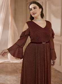 大碼挖肩荷葉袖荷葉邊腰帶幾何網紗洋裝 - 鏽棕色 - 查看 6