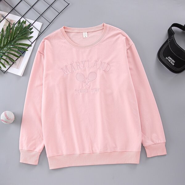 

Tennis Racket & Letter Embroidery Sweatshirt, Pink