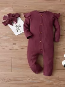 Bebé niña Jumpsuit ribete con fruncido con diadema - Granate - Ver 1