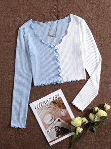 SHEIN Colorblock Lettuce Trim Button Front Rib-knit Crop Tee - Blue and White - View 1