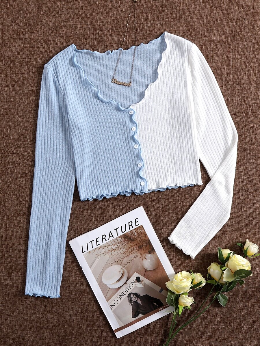 SHEIN Colorblock Lettuce Trim Button Front Rib-knit Crop Tee - Blue and White - View 1