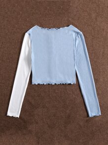 SHEIN Colorblock Lettuce Trim Button Front Rib-knit Crop Tee - Blue and White - View 2