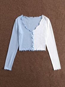SHEIN Colorblock Lettuce Trim Button Front Rib-knit Crop Tee - Blue and White - View 3