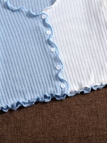 SHEIN Colorblock Lettuce Trim Button Front Rib-knit Crop Tee - Blue and White - View 5