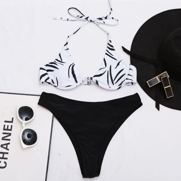

Random Print Halter Push Up Bikini Swimsuit, Black and white