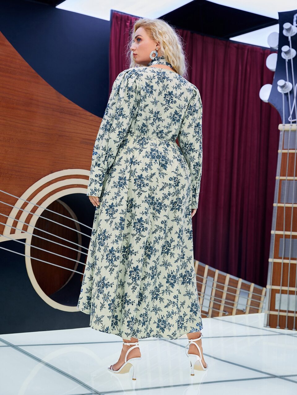 Plus Floral Bishop Sleeve Draped Dress