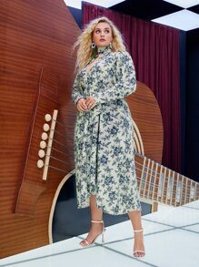 SHEIN Frenchy Vestido floral de manga obispo con fruncido