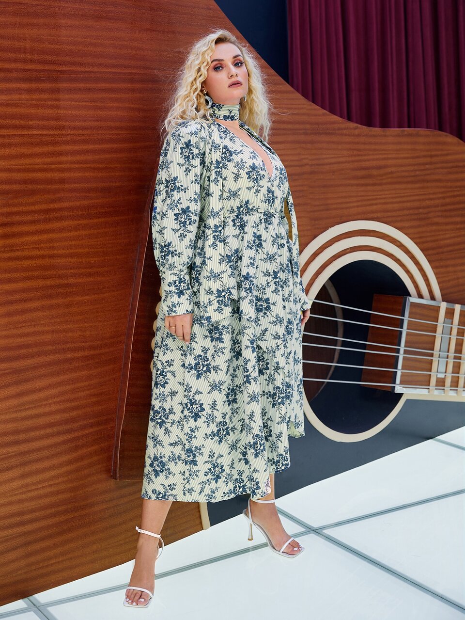Plus Floral Bishop Sleeve Draped Dress