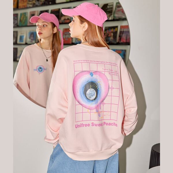 

Heart & Slogan Graphic Drop Shoulder Pullover, Baby pink