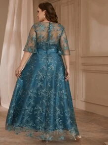 SHEIN Belle Vestido de fiesta en contraste con bordado floral de malla con encaje - Agua verde azul - Ver 2