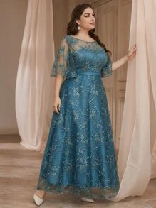 SHEIN Belle Vestido de fiesta en contraste con bordado floral de malla con encaje - Agua verde azul - Ver 3