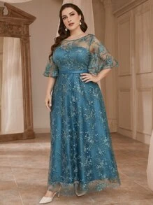 SHEIN Belle Vestido de fiesta en contraste con bordado floral de malla con encaje - Agua verde azul - Ver 4