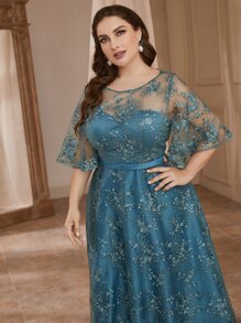 SHEIN Belle Vestido de fiesta en contraste con bordado floral de malla con encaje - Agua verde azul - Ver 5