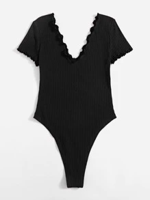 SHEIN Frenchy Lettuce Trim Ribbed Knit Bodysuit Summer Black - Black - View 2
