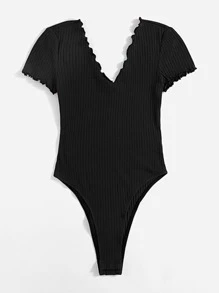 SHEIN Frenchy Lettuce Trim Ribbed Knit Bodysuit Summer Black - Black - View 5