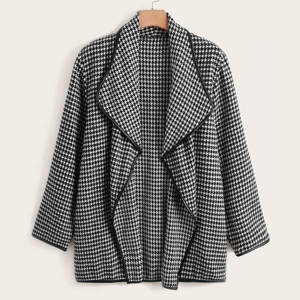 

Plus Houndstooth Print Open Front Tweed Overcoat, Black and white