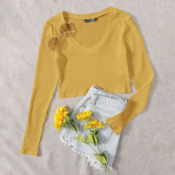 

V Neck Rib-knit Crop Top, Yellow