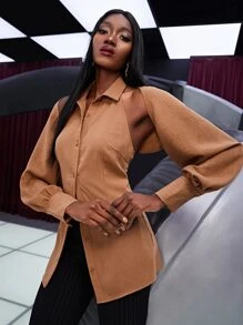 SHEIN BAE Ruched Button Front Backless Shirt - Brown - View 2