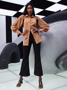 SHEIN BAE Ruched Button Front Backless Shirt - Brown - View 3