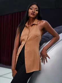 SHEIN BAE Ruched Button Front Backless Shirt - Brown - View 5