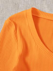 Muchica Top corto neón naranja de cuello V tejido de canalé - Naranja - Ver 3