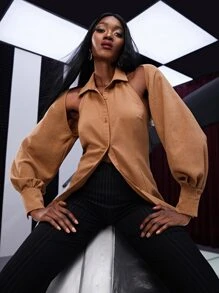 SHEIN BAE Ruched Button Front Backless Shirt - Brown - View 7