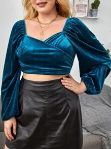 SHEIN Plus Surplice Neck Lantern Sleeve Velvet Crop Top - Teal Blue - View 1