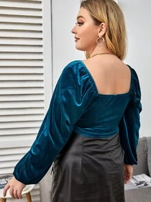 SHEIN Plus Surplice Neck Lantern Sleeve Velvet Crop Top - Teal Blue - View 2