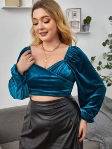 SHEIN Plus Surplice Neck Lantern Sleeve Velvet Crop Top - Teal Blue - View 3