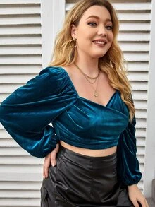 SHEIN Plus Surplice Neck Lantern Sleeve Velvet Crop Top - Teal Blue - View 5