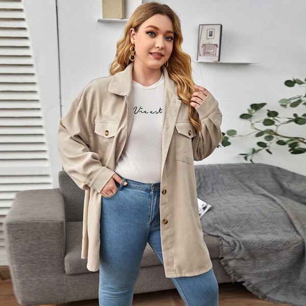 

Plus Drop Shoulder Flap Pocket Corduroy Coat, Apricot