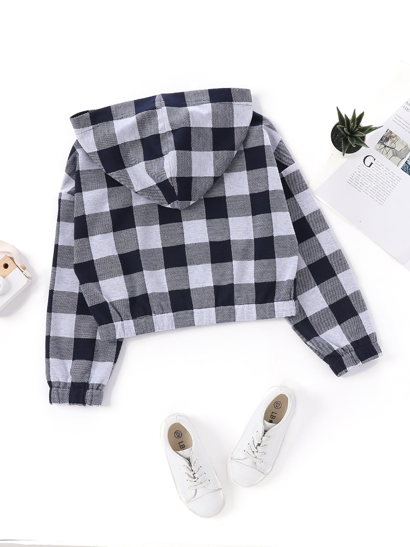 Girls Gingham Zip Up Hooded Jacket SHEIN USA