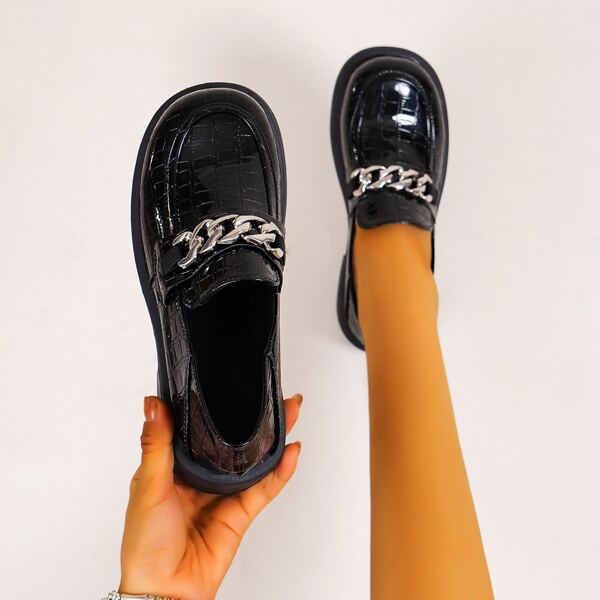 

Chain Decor Croc Embossed Loafers, Black