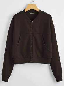 SHEIN Chamarra con cremallera delantera con bolsillo delantero - Marrón Chocolate - Ver 1