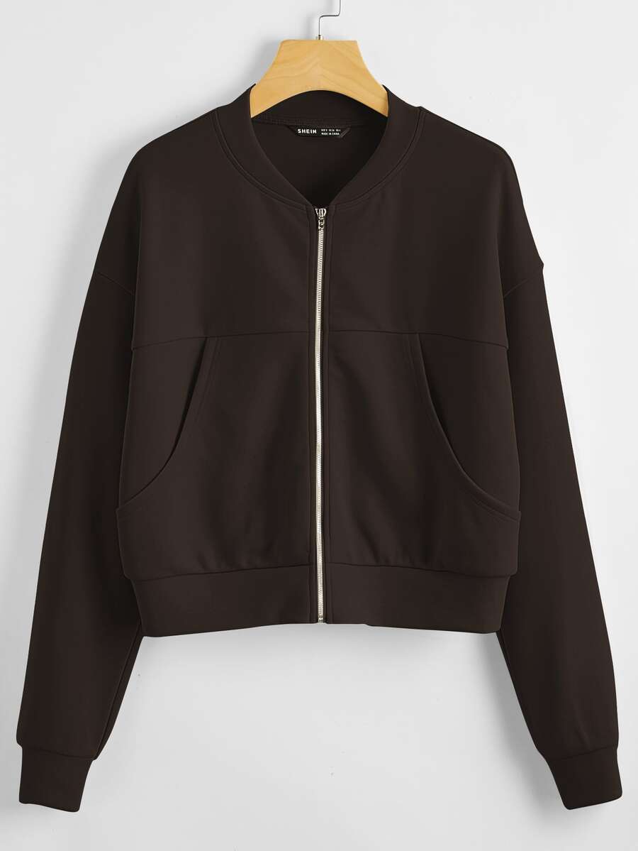 SHEIN Chamarra con cremallera delantera con bolsillo delantero - Marrón Chocolate - Ver 1