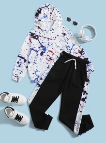 SHEIN Sudadera Con Capucha Y Pantalón Deportivo Para Niño Adolescente Con Estampado De Salpicaduras Y Línea Lateral De Contraste Con Cordón En La Cintura - Multicolor - Ver 1