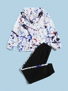 SHEIN Sudadera Con Capucha Y Pantalón Deportivo Para Niño Adolescente Con Estampado De Salpicaduras Y Línea Lateral De Contraste Con Cordón En La Cintura - Multicolor - Ver 2